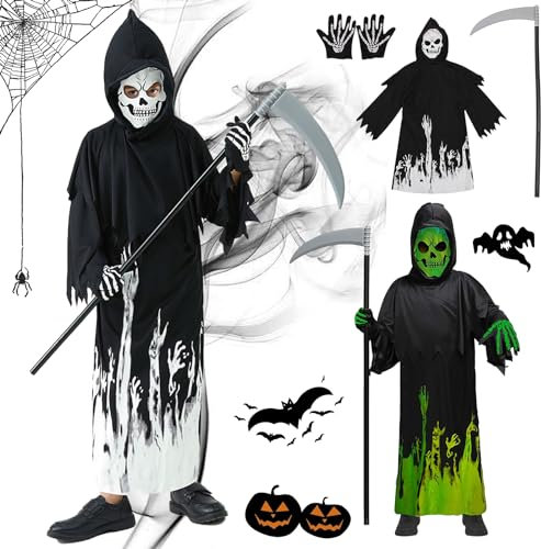 HIQE-FL Déguisement Faucheuse Enfant,Déguisemen de Cosplay Grim Reaper,Deguisement Halloween Faucheuse avec Crâne Calotte, Faux,Gants,pour Halloween Cosplay,Carnaval Cosplay