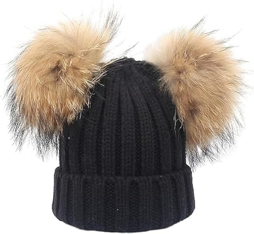 Damen Unisex Wolle Mütze Strickmütze Fellbommel Groß Waschbär Fell Pelz Bommel Strick Mütze Winter-Mütze Bommelmütze