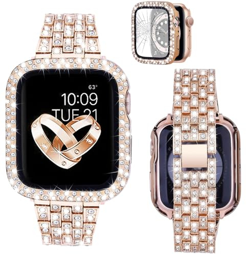 VISOOM Bling Diamant Armband mit Gehäuse Kompatibel mit Apple Watch 44mm Damen Mode Glitzer Schmuck Metall Armbänder Elegant iWatch Band Series SE 6 5 4 - Roségold
