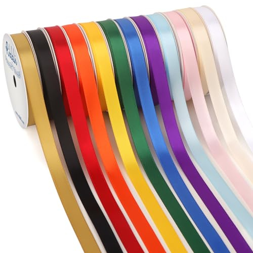 Ribbli Regenbogen-Satinband 1 cm x 12 Rollen insgesamt 54 m - Buntes Band für Geschenkverpackung, Basteln, Partydekoration, Babyparty, Hochzeit