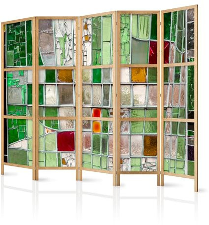 murando - Paravent Innen Raumteiler Holz Abstraktion 225x172 cm 5-teilig Japanische Trennwand Raumtrenner Room Divider Mobiler Sichtschutz Spanische Wand Raum Abtrennung Buntglas f-B-0088-bh-c