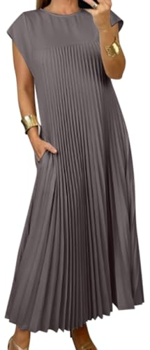 Onsoyours Damen Elegant Ärmellos Rundhals Plisseekleid Festlich Hochzeit Lang Abendkleid A-Linie Freizeitkleid Maxi Kleid Herbst Winter Kleid mit Taschen A Grau XL