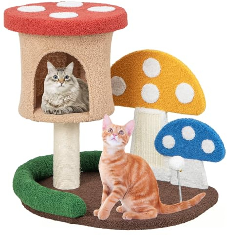 GYMAX Arbre à Chat en Forme de Champignon, Tour à Chat avec Condo, Griffoir en Sisal, Planche à Gratter, Balle de Jeu, Meuble Attrayant pour Maison