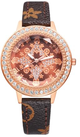 JewelryWe Damenuhr Glitzer Leder Uhr: Damen Bling Strass Analog Quarz Armbanduhr Frauen Vintage Lässige Diamant Uhr mit Braun Blumen Lederarmband