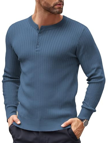 COOFANDY Henley Pullover Herren mit Knopfleiste Feinstrick Langarmshirt Winter Strickpulli Slim Fit Pulli Dunkelblau M