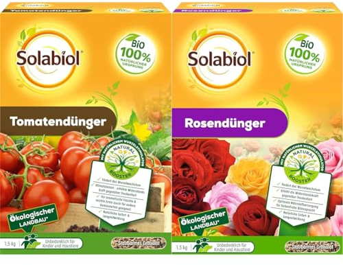 Solabiol Tomatendünger mit Wurzelstimulator und natürlicher Sofort- und Langzeitwirkung, 1,5 kg Packung & Rosendünger mit Wurzelstimulator und natürlicher Sofort- und Langzeitwirkung, 1,5 kg Packung