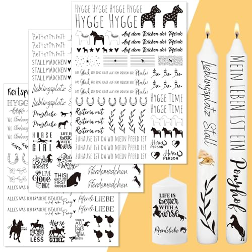 3 Stück DIN A4 Pferdemädchen Kerzentattoos, Kerzensticker | Wasserschiebefolie, Kerzen, Mitbringsel, Ponyliebe, Sprüche zum Verschenken, für Kerzen, Keramik (Pferde Mädchen)