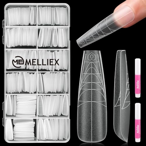 MELLIEX 288 Pièces Faux Ongles Capsule Americaine Ongle 12 Tailles Ligne Auxiliaire Artificiel Complète pour Femme Filles Nail Art