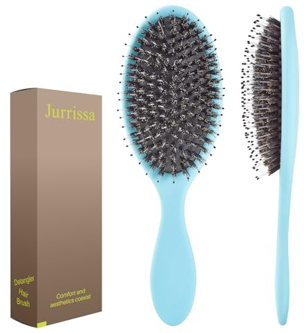 Jurrissa Wildschweinborsten, Haarbürste für Damen und Herren, Entwirrungsbürste zum Glätten, Massage, Glanz, Nylon und Wildschweinborsten, Entwirrbürste für gesundes Haar, Blau