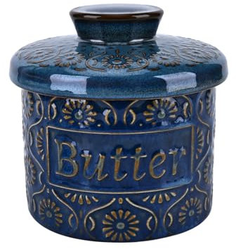 Denovin Buttertopf aus Keramik, französische Butterdose mit Deckel für Arbeitsplatte, Butterbehälter mit Wasserlinie für frische streichbare Butter (Vintage-Blau)