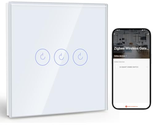 BSEED Smart ZigBee Interrupteur Encastré 3 Gang 1 Voie, Interrupteur Mural Intelligent avec Alexa et Google Home, Interrupteur à Écran Tactile (Neutre, Hub Gateway Nécessaire) Blanc