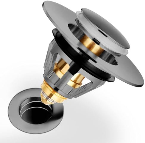 Tappo di scarico universale per lavandino e vasca da bagno, in acciaio inox, con doppia guarnizione (34 – 38 mm), colore: nero
