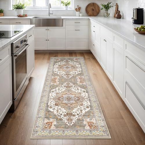 GENIMO Vintage Teppich Flur 80x300CM Teppich Schlafzimmer Waschbare Kurzflor Boho Carpet, rutschfest Teppiche for Küche Balkon, Brick