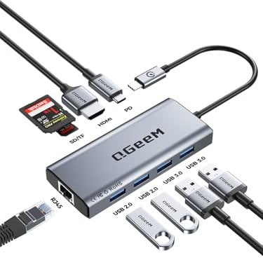 QGeeM USB C Hub Ethernet,9 in 1 USB Type C Hub HDMI Multi-Port Converter Adapter,100W Pd, USB 3.0,SD/TF Card Reader,Compatible for MacBook Pro Air Ipad HP Dell Lenovo Chromebook etc.