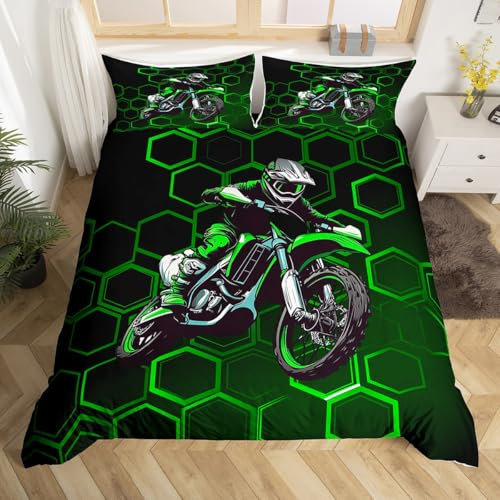 Loussiesd Grün Honeycomb Dirt Bike Bettwäsche Set 135x200cm für Kinder Jungen Teens Männer Extreme Sports Bettbezug Weich Hexagonal Geometric Motorbike Bettwäsche-Set