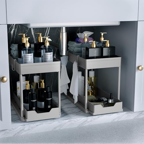 DEKAVA Under Sink Organizer 2 Pack,Bathroom Cabinet Organizer,2 Tier Sliding Cabinet Basket Organizer Drawer, Multi-Purpose Bath Collection Baskets for Bathroom (Grey)