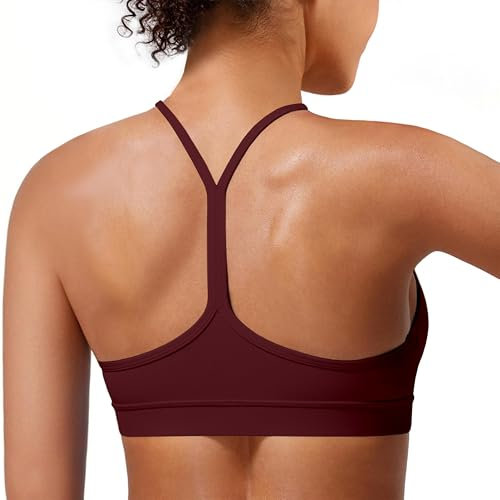 MIRITY Padded Y-Back Sports Bra for Women - Racerback Low Impact Spaghetti Strap for Yoga Workout Top Burgundy