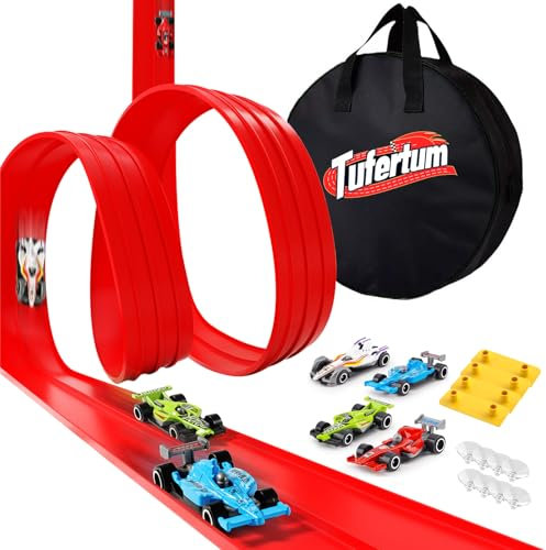 Flexible Toy Car Track for Racing, 6M Roll Up Race Track Includes 4 Diecast Toy Cars for Boys, Diecast Cars and Monster Trucks, Attach to Windows Doors for Bumps Jumps Tunnels Loops