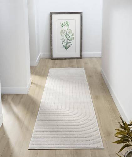 Aya Soft Scandinavian Boho Stripe Hallway Runner Rug, Cream, 60x220cm