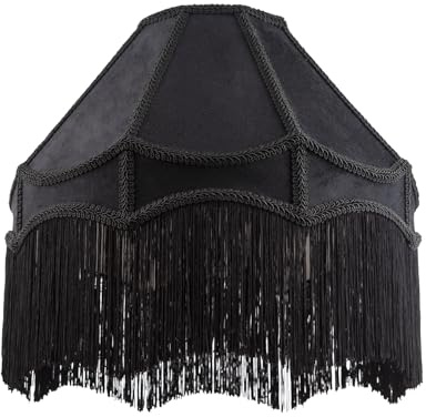 Handmade Victorian Empire Pendant Lampshade in Jet Black Velvet with Embroidered Trims and Long Tassels | 40cm x 26cm | for Pendant Floor or Table Lamp by Happy Homewares