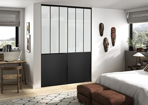 OPTIMUM Pack 2 Vantaux Porte Placard Atelier – Aluminium Noir Style Industriel – Portes Coulissantes Intérieures Modernes – Plusieurs Dimensions (Noir, 150x250 cm)