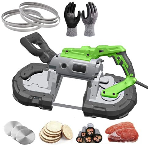 Sega a nastro portatile per metallo e legno, 1100 W con taglio ad angolo regolabile, include lame multiple e guanti, ideale per tubi e tondo per cemento armato