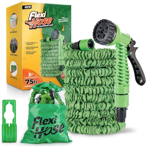 Flexi Hose 75FT Expandable Garden Hose with Retractable Water Hose, Green | Includes Spray Nozzle with Multiple Functions, Perfect for Garden Watering, Lawn Care, Car Washing & Outdoor Cleaning