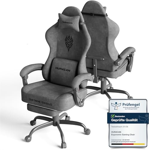 Huracan Sedia da Gaming Massaggiante con Poggiapiedi Telescopico, Sedie gamer Ergonomico, Gamer Chair Tessuto in Velluto Traspirante Poltrona da gaming per Lunghe Sessioni di Gaming e Lavoro, Grigio