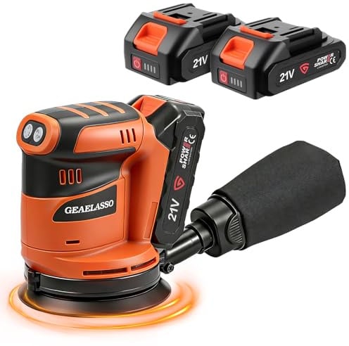 GEARLASSO Akku-Exzenterschleifer 125 mm 2x 20V Akku, Bürstenloser Exzenterschleifer mit 3 Stufen 8000–13000 U/min, Akku Schleifer mit Staubbox und Ladegerät für Holz und Möbel