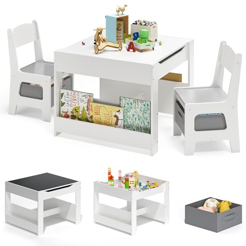 Xbro Kindertisch mit 2 Stühlen, 4 in 1 Kinder Maltisch mit Stauraum, multifunktionale Kindersitzgruppe aus Holz mit Bücherregal, für Kinder ab 3 Jahren, 61,5 × 61,5 × 48 cm, Grau