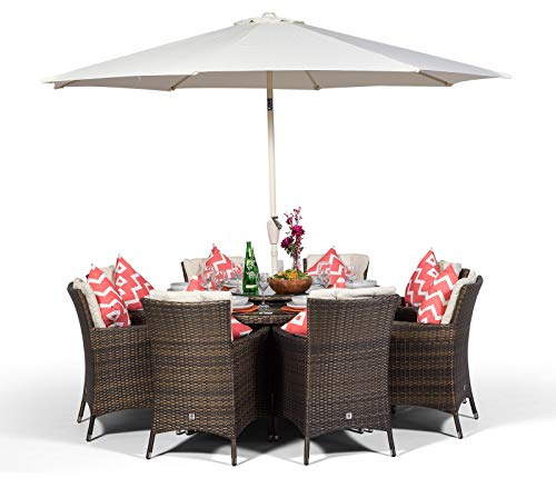 Giardino Savannah Rattan Garden Dining Set 8 Seater Outdoor Round Garden Table & Chairs, Patio Furniture with Parasol & Cover, Aluminium Frame, 155cm, Brown