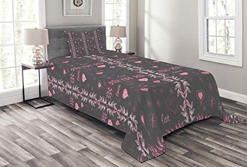 ABAKUHAUS Rose et Gris Couvre-Lit, Amour Printemps Flore, Lavable sans décoloration des Couleurs, 170 x 220 cm, Gris Anthracite Rose