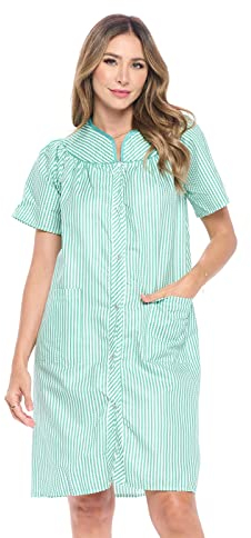 Casual Nights Women's Snap Front House Dress Short Sleeve Woven Duster Housecoat Lounger Robe, Striped Green, XX-Large