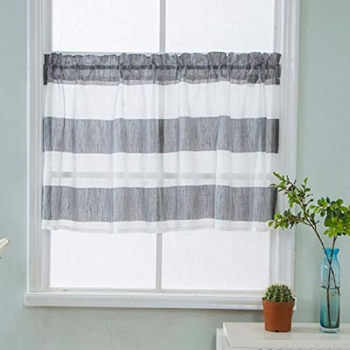 ESLIR Gestreifte Küche Gardine Scheibengardine Tunnelzug Bistrogardine Landhaus Kurzgardine Halbtransparent Leinen Grau HxB 60x135cm 1 Stück