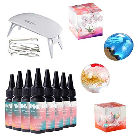 INNICON UV Resin Casting Gel Glue Set, 240ml Quick Curing Crystal Clear Hard Type Natural, DIY Homemake Jewelry Making Pack for Silicone Mold Pendants Earrings Bracelets, with Curing Lamp