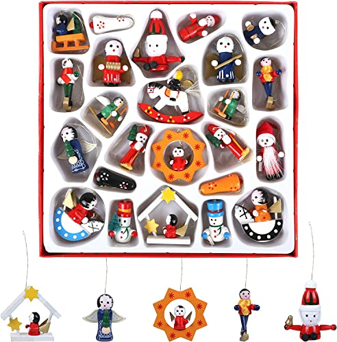 Naler 24-teilig Holzanhänger Weihnachten Weihnachtsanhänger Holz Anhänger Figuren Christbaum Deko Weihnachtsbaumschmuck Adventkalender