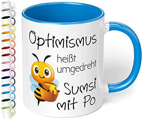 Lustige Tasse Optimismus heißt umgedreht sumsi mit po - Kaffeetasse mit Spruch als Geschenk - beidseitig bedruckt - spülmaschinenfest | Büro, Geburtstag, Weihnachten | innen Cambridge Blau