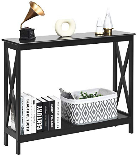 COSTWAY 2/3 Tiers Console Table, X-Shaped Slim Sofa Side End Table with Open Storage Shelves, Wooden Narrow Hall Desk Display Accent Table for Living Room Bedroom Entryway Hallway (Black, 2 Tiers)