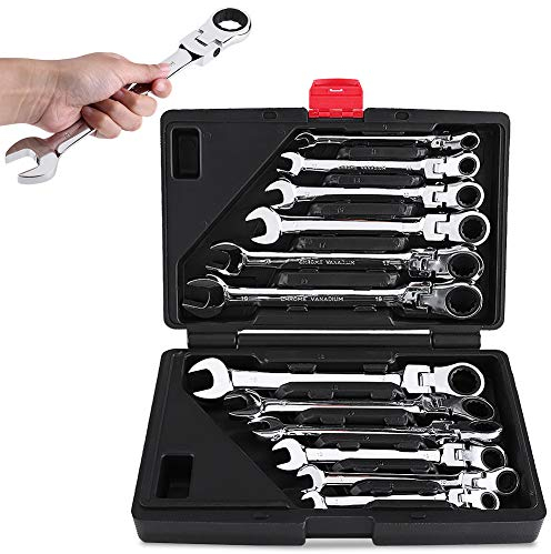 Juego de Llaves combinadas, Juego de Llaves de trinquete de 12 Piezas, Llaves Planas de trinquete de 8-19 mm, Herramienta m¨¦Trica de Perilla Reversible combinada, Llave de Boca Abierta con Caja