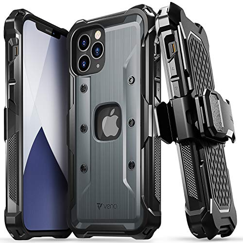 VENA vArmor Rugged Case Compatible With Apple iPhone 12 / iPhone 12 Pro (6.1-inch), (Military Grade Drop Protection) Heavy Duty Holster Belt Clip Cover with KickStand - Space Gray