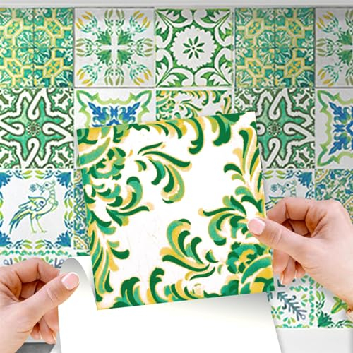 WALPLUS 48 Stück 15x15cm Türkisch Grünes Mosaik Grün Weiß Wandfliesen Aufkleber Schälen und Kleben Backsplash Abziehbilder Startseite Dekore Aufkantung für Küche Badezimmer Kacheln Farbe auf Wand
