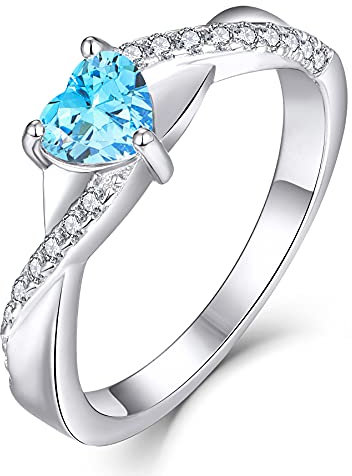 YL Verlobungsring Herz 925 Sterling Silber März Geburtsstein Aquamarinblau Kreuz Unendlichkeit Solitaire Ehering Ring für Braut Damen (Größe 62)