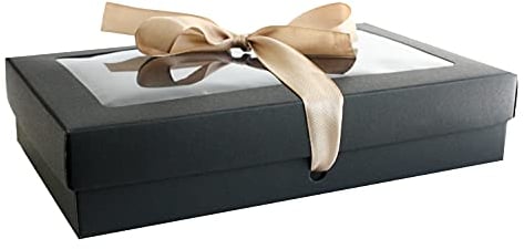 Emartbuy Pack of 12 Rectangle Shaped Presentation Gift Box, (Size 3) 25 cm x 15 cm x 5 cm, Black Kraft Box with Clear Lid and Satin Ribbon