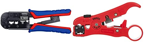 KNIPEX Crimpzange für Westernstecker (190 mm) 97 51 10, Mehrfarbig & Abisolierwerkzeug für Koaxial- und Datenkabel (125 mm) 16 60 06 SB, Rot