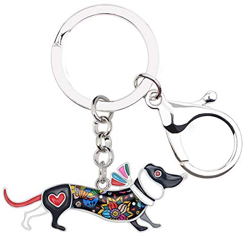 WEVENI Metall-Legierung Elegante Hut Dackel Hund Schlüsselketten Ringe Emaille Schlüsselanhänger Schmuck Für Frauen Mädchen Tasche Auto Charms (Schwarz)