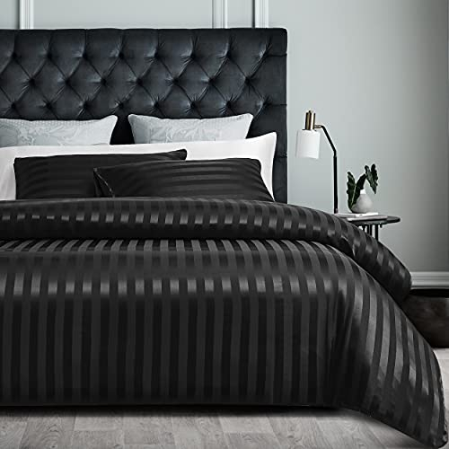 Damier Bettwäsche 200x200cm Satin Schwarz gestreift Bettwäsche Set glatt glänzend hochwertiges Seide Glanzsatin Bettbezug mit verdecktem Reißverschluss und 2 Kissenbezüge 80 × 80 cm