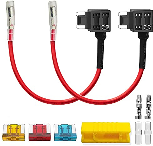 Guuzi 2 Stück 12V-24V Low Profile Add-A-Circuit Sicherungsadapter mit Kabelbaum, Mini-Sicherungshalter mit 3 Stück Ersatzsicherungen (5A/10A/15A) + Anschlussstecker