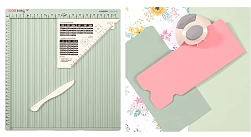 Vaessen Creative Score Easy Falzbrett, Mintgrün, mit Zentimeter-Einteilung & 2137-030 Kerbenstanzer, Corner and Notch Punch zum Kerben, Ecken Abrunden, plastik