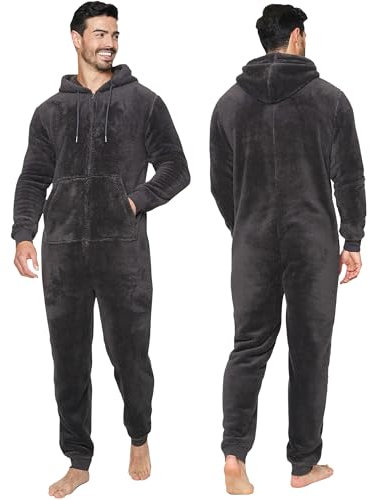 NOROZE Pigiama Intero da Uomo, Tinta Unita, in Morbido Pile Tutto in Uno, con Cappuccio (S, Carbone)