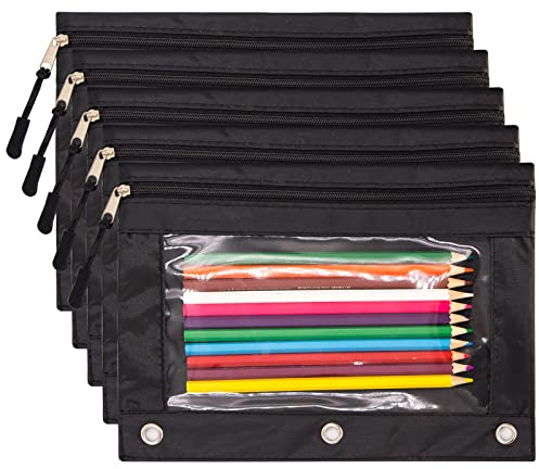 DoDoMagxanadu Binder Pencil Pouches, Pencil Pouch 3 Ring with Zipper Pulls, Clear Window Pencil Case with Rivet Enforced 3 Ring, Black, 5 Pack
